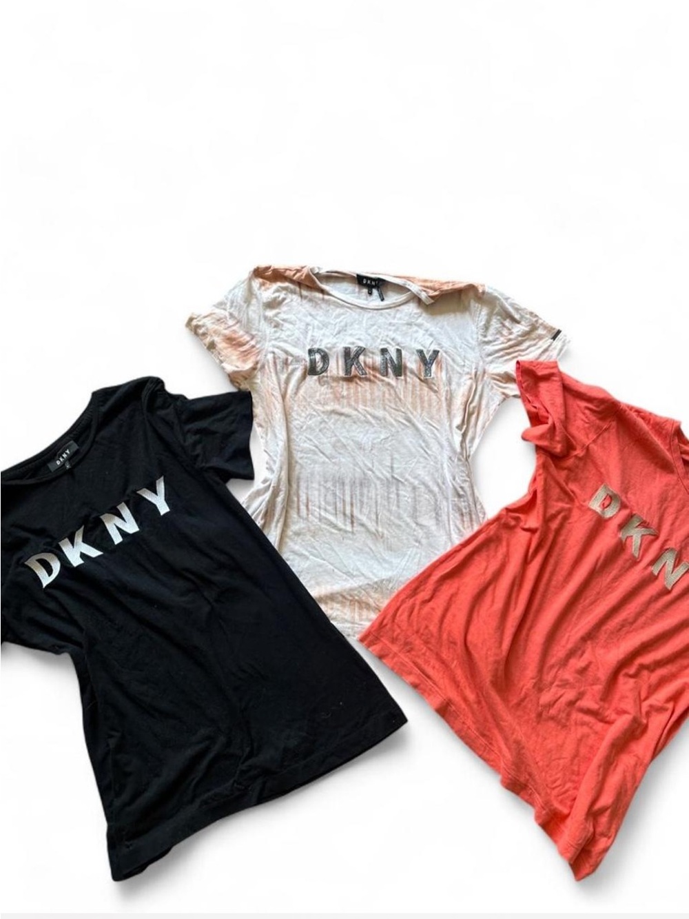 DKNY Women’s Short Sleeve Logo Tee - Black, White, Coral